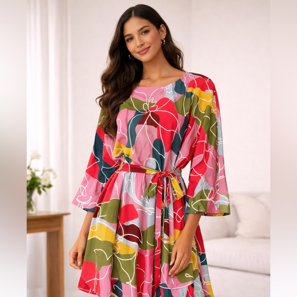 Crosby by Mollie Burch NWT Multicolor Abstract Floral Tie Waist Dress L - Picture 3 of 12